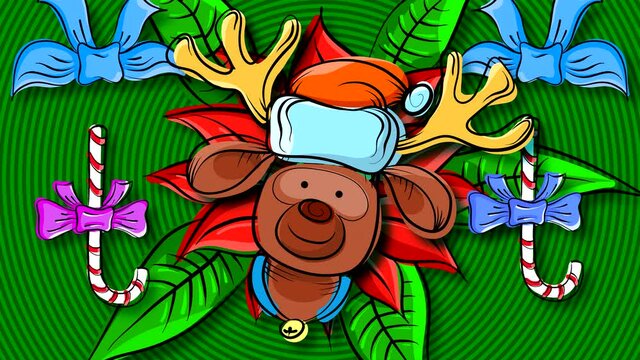 Festive merry background with Christmas characters and elements. Looped animation with a Deer in a red hat and red flowers with green leaves, candies and bows on a green spiral.