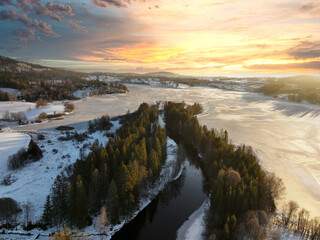 Sunrise over Oslo, Norway. Shot just outside of the city a winter morning in December. Shot high up in the sky with a drone. DJI Mavic 3