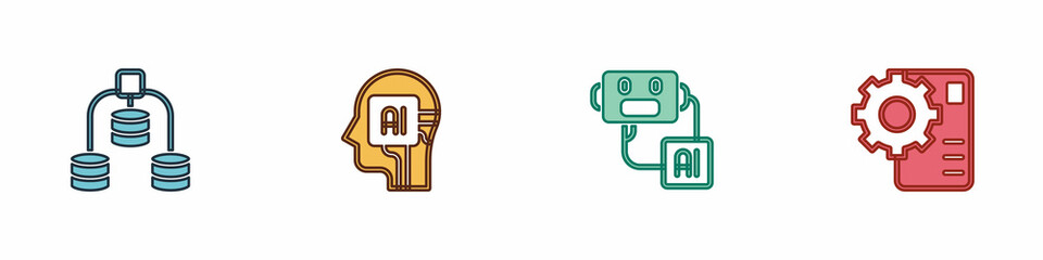 Set Server, Data, Humanoid robot, Artificial intelligence and Neural network icon. Vector