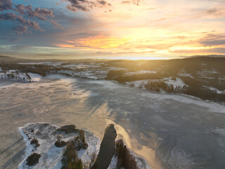 Sunrise over Oslo, Norway. Shot just outside of the city a winter morning in December. Shot high up in the sky with a drone. DJI Mavic 3