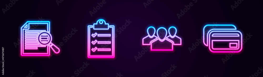 Poster set line document with search, clipboard checklist, users group and credit card. glowing neon icon. 