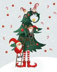 Santa's assistants decorate the Christmas tree