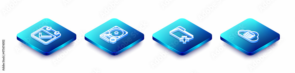 Poster set isometric line calendar with check mark, hard disk drive hdd sync refresh, delete folder and clo