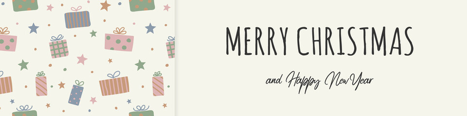 Greeting card with Christmas present boxes and wishes. Vector