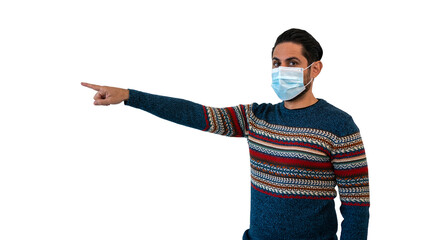 Caucasian man pointing with hand and finger to the top with medical mask covid19