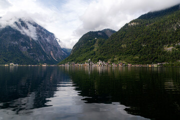 Naklejka na ściany i meble beautiful landscapes with mountains and clouds , pictures of Hallstatt city in Austria 