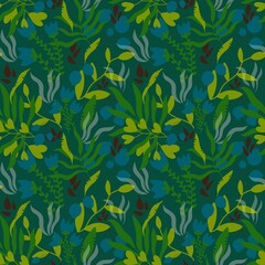 Seamless floral pattern with leaves, berries and seeds for fabrics and textiles 