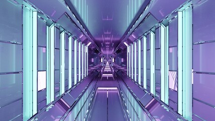 Reflective 3d illustration of 4K UHD corridor with purple lights
