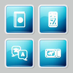 Fototapeta premium Set line Cover book travel guide, Infographic of city map, Translator and Airline ticket icon. Vector