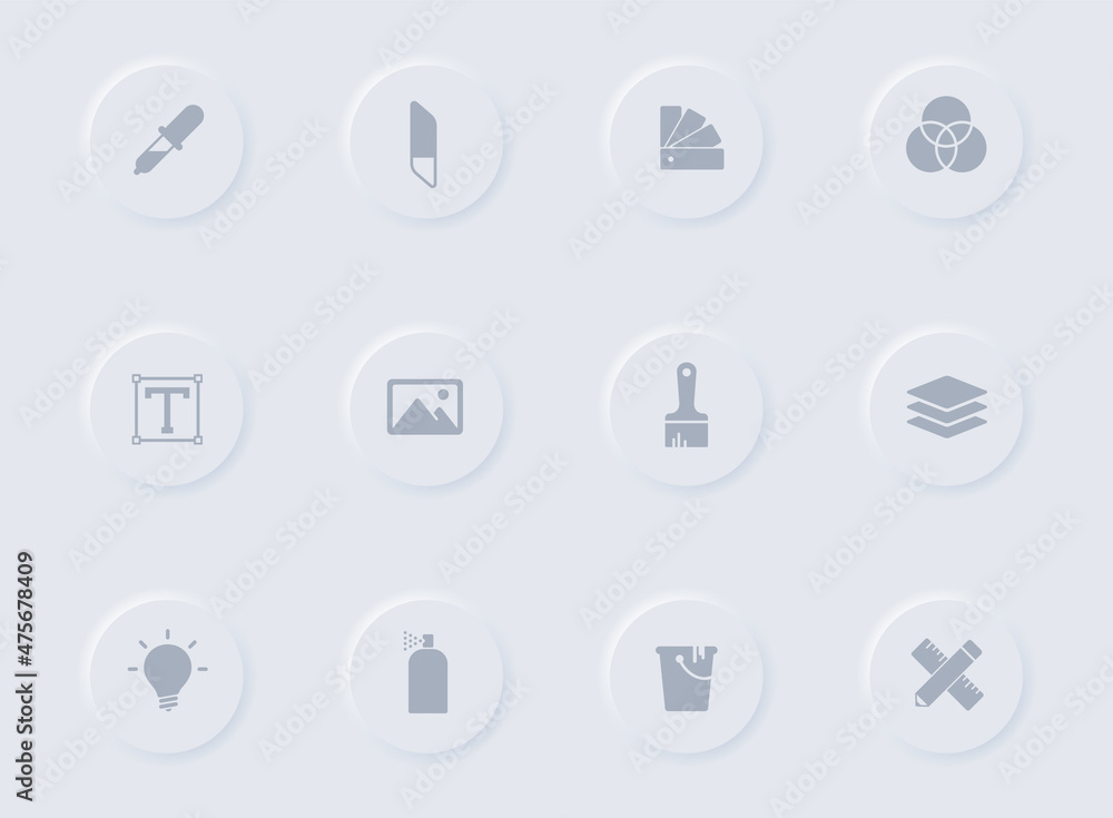 Poster art and design gray vector icons on round rubber buttons. art and design icon set for web, mobile ap
