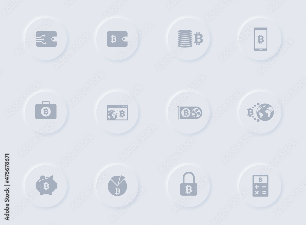 Poster bitcoin gray vector icons on round rubber buttons. bitcoin icon set for web, mobile apps, ui design 