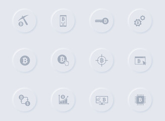 bitcoin gray vector icons on round rubber buttons. bitcoin icon set for web, mobile apps, ui design and promo business polygraphy