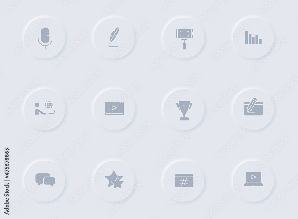 Poster blog gray vector icons on round rubber buttons. blog icon set for web, mobile apps, ui design and pr