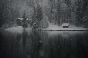 Winter scenery with a lake, lodges, and a coniferous forest