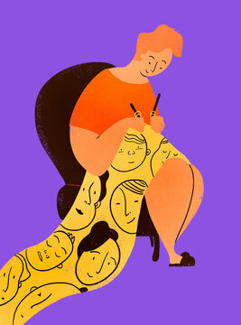 Woman knitting face patterned cloth 