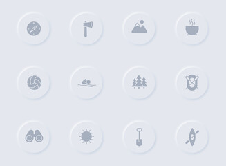 camping gray vector icons on round rubber buttons. camping icon set for web, mobile apps, ui design and promo business polygraphy