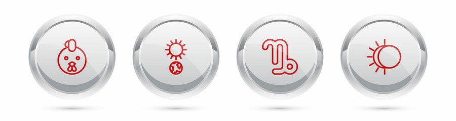 Set line Rooster zodiac, Solstice, Capricorn and Eclipse of the sun. Silver circle button. Vector