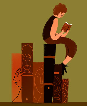 Person reading books above bigger books with illustrated women