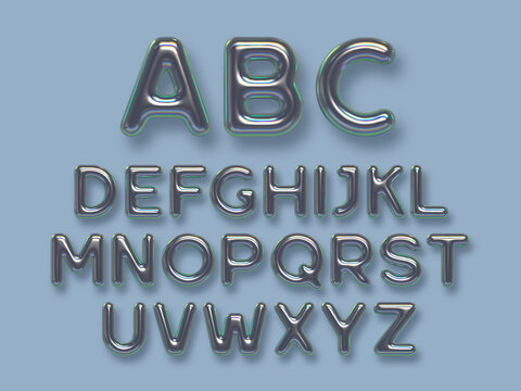 Iridescent metal alphabet vector set. 3d realistic glossy metallic typeface. Decorative luxury letters with reflection effect for banner, cover, birthday or anniversary, holiday party.