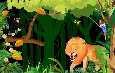 Tropical jungle scene lion in the jungle vector illustration