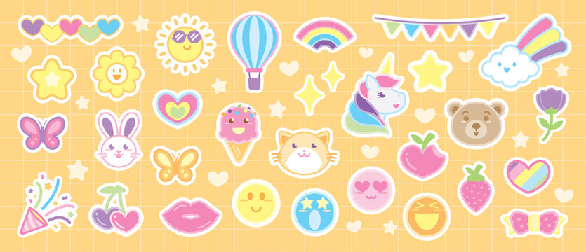 cute pastel elements graphic vector sticker collection in kawaii style