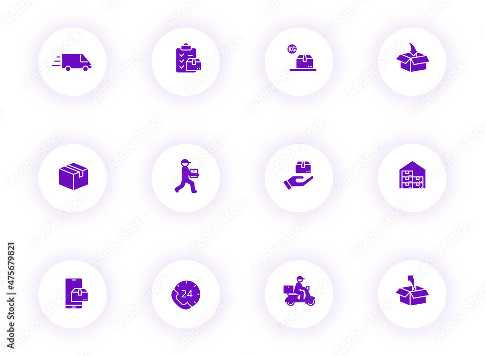 Poster delivery purple color vector icons on light round buttons with purple shadow. delivery icon set for 