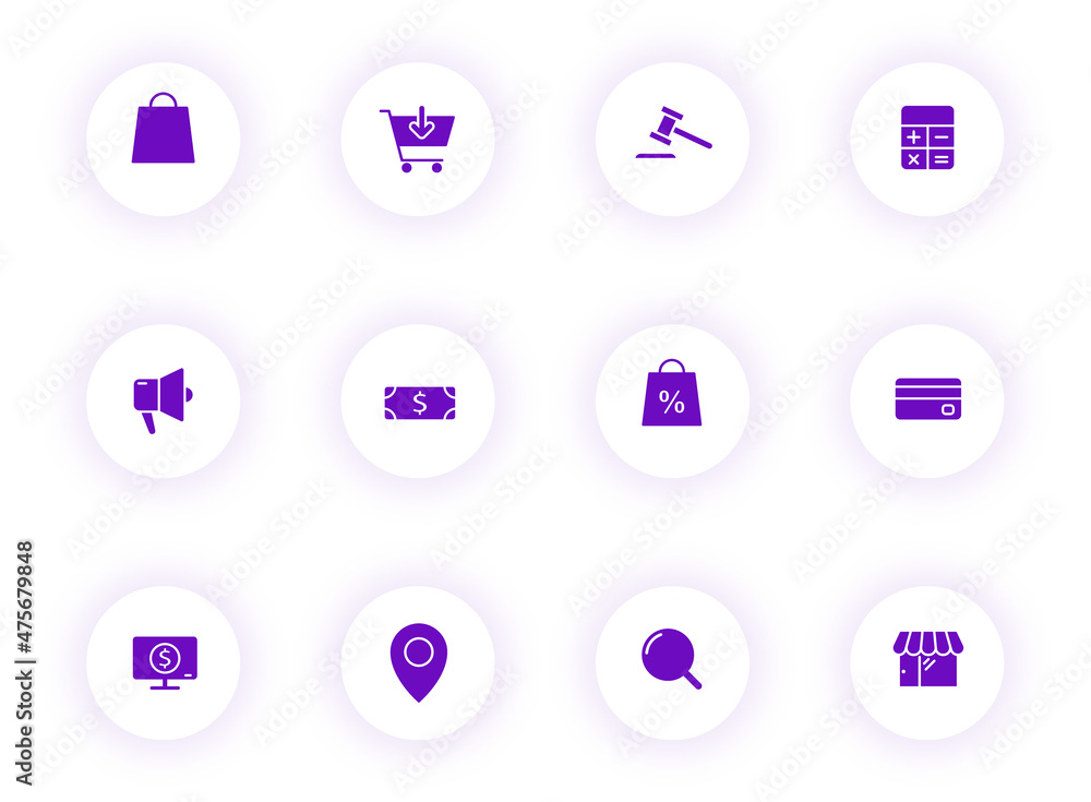 Poster e commerce purple color vector icons on light round buttons with purple shadow. e commerce icon set 