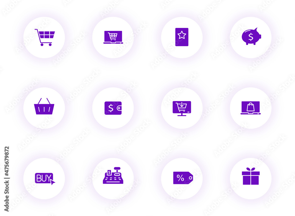 Poster e commerce purple color vector icons on light round buttons with purple shadow. e commerce icon set 
