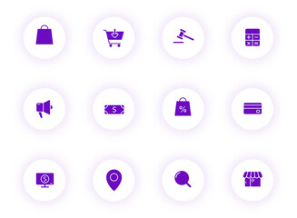 e commerce purple color vector icons on light round buttons with purple shadow. e commerce icon set for web, mobile apps, ui design and print