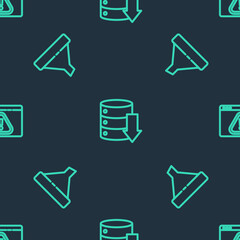 Set line Server, Data, Web Hosting, Sales funnel and Browser with exclamation mark on seamless pattern. Vector