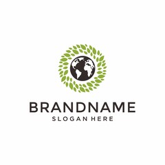 Planet Earth with nature leaf and hand logo design vector