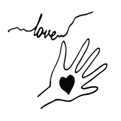 vector doodle drawing hand, heart and inscription love
