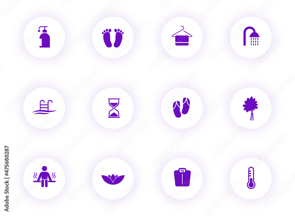 Poster sauna purple color vector icons on light round buttons with purple shadow. sauna icon set for web, m