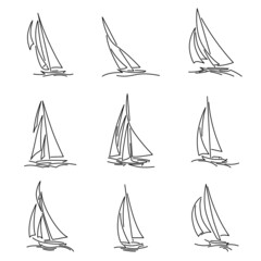 Set of simple vector images of sailing yachts with triangular sails on waves drawn in line style. - 475680822