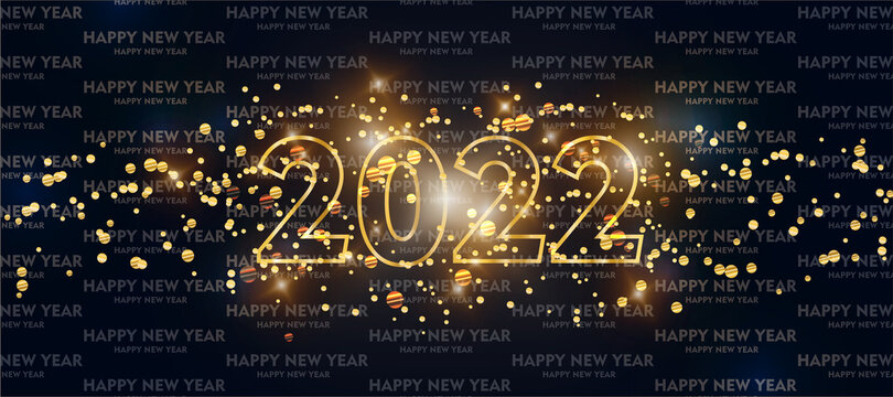 2022 New Year. 2022 Happy New Year greeting card or banner. 2022 Happy New Year background with golden confetti and many light effects and luminous points.