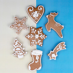 Fototapeta na wymiar Hand made various Christmas gingerbread cookies