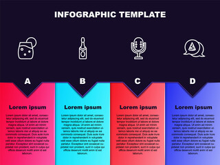 Set line Cocktail, Champagne bottle, Microphone and Slice of pizza. Business infographic template. Vector