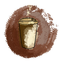 Illustration of coffee cup in brown watercolor blots on white isolated background