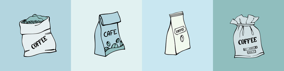 Paper and canvas bags with coffee beans. Hand drawn line sketch. Line art. Colourful vector illustration. 