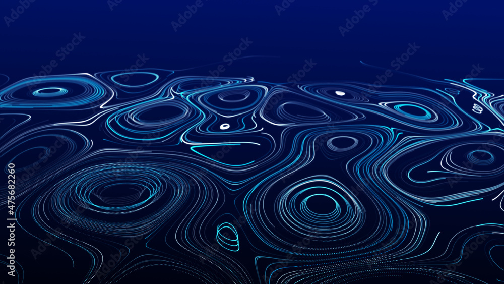 Poster flow of particles. big data visualization. digital technology wave. futuristic cyberspace. abstract 