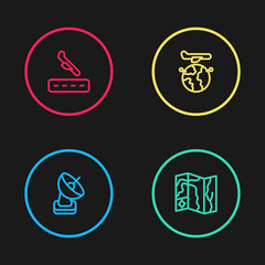 Set line Radar, World travel map, Globe with flying plane and Plane landing icon. Vector