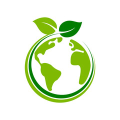 Planet Earth with leaves in a circle. Green globe. Environmental social governance. Ecological conservation. Sustainable world. Go green, protect nature concept. Vector illustration, flat, clip art.  