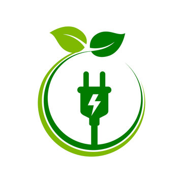 Electrical plug with leaves concept. Sustainable energy sources. Clean power generation. Green energy concept. Eco friendly electricity. Carbon neutrality idea. Vector illustration, flat, clip art. 
