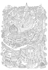 Vector fantasy urban landscape with medieval European town houses and castle. Fairy tale old street. Hand drawn doodle sketch. Tee shirt black and white print, adults coloring book page