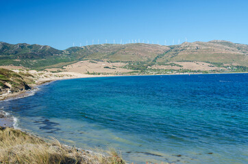 Beautiful blue Atlantic ocean and Punta Paloma beach. Paloma Baja, Tarifa, Province of Cadiz, Spain