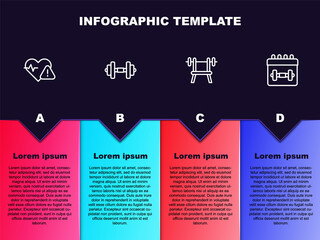 Set line Heart rate, Dumbbell, Bench with barbell and Calendar fitness. Business infographic template. Vector