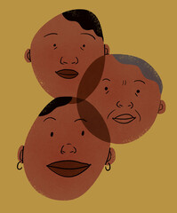Mother, daughter and grandmother with faces connected, family union