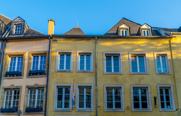Fototapeta na wymiar Pastel-colored medieval houses in the old town of Luxembourg City, listed on the UNESCO World Heritage register