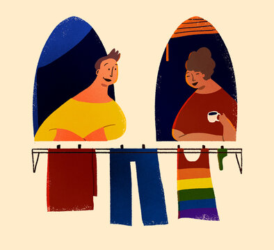 Two people chatting at window with clothesline underneath