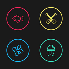 Set line Boat propeller, Jellyfish, Paddle and Fish icon. Vector